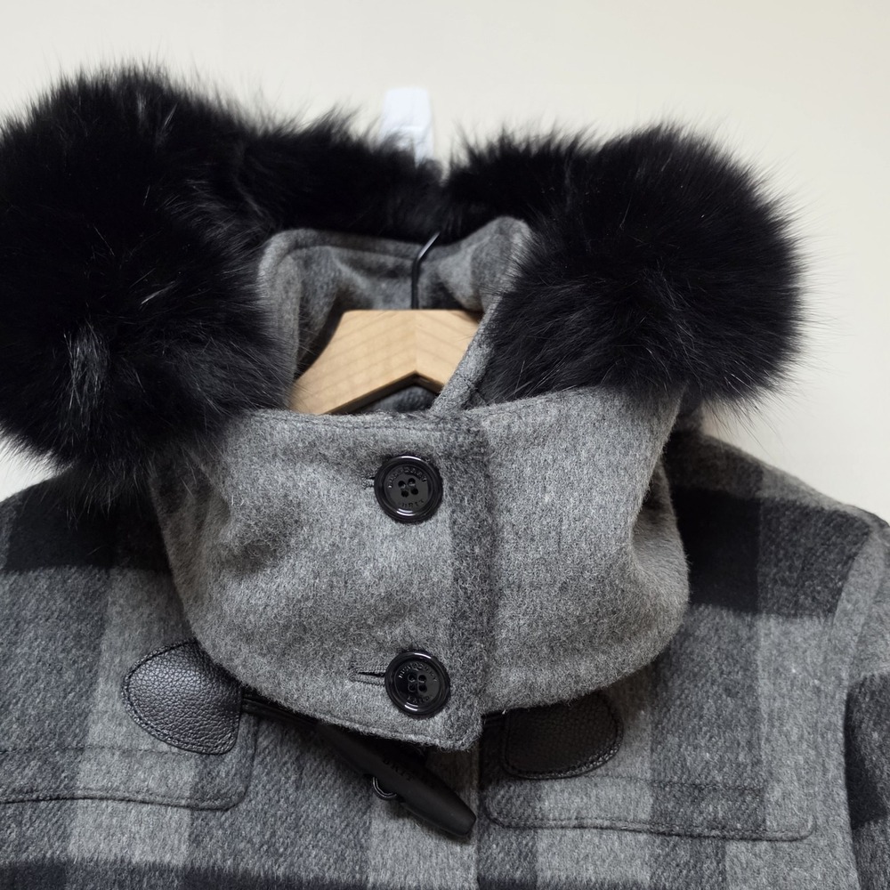 Burberry‎ Brit Gray Plaid Wool Duffle Coat Blue Fox Fur Hood Womens US 10 IT 44 - Picture 6 of 16